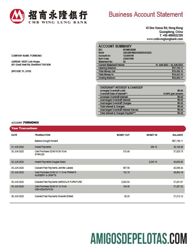 Modelo Word e PDF do extrato da conta da empresa do Realista Wing Lung Bank